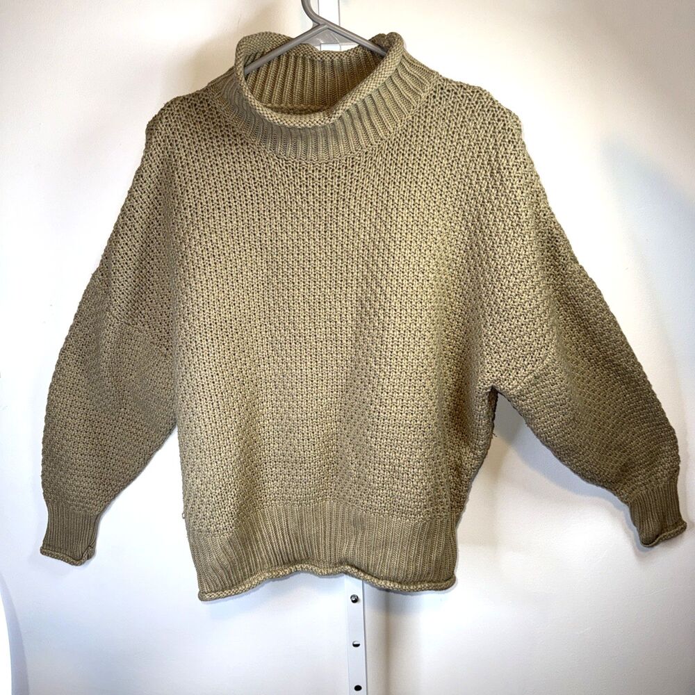 Vintage Rolled Neck Sweater Women’s Med Chunky Fisherman Tan Oversized Open Knit